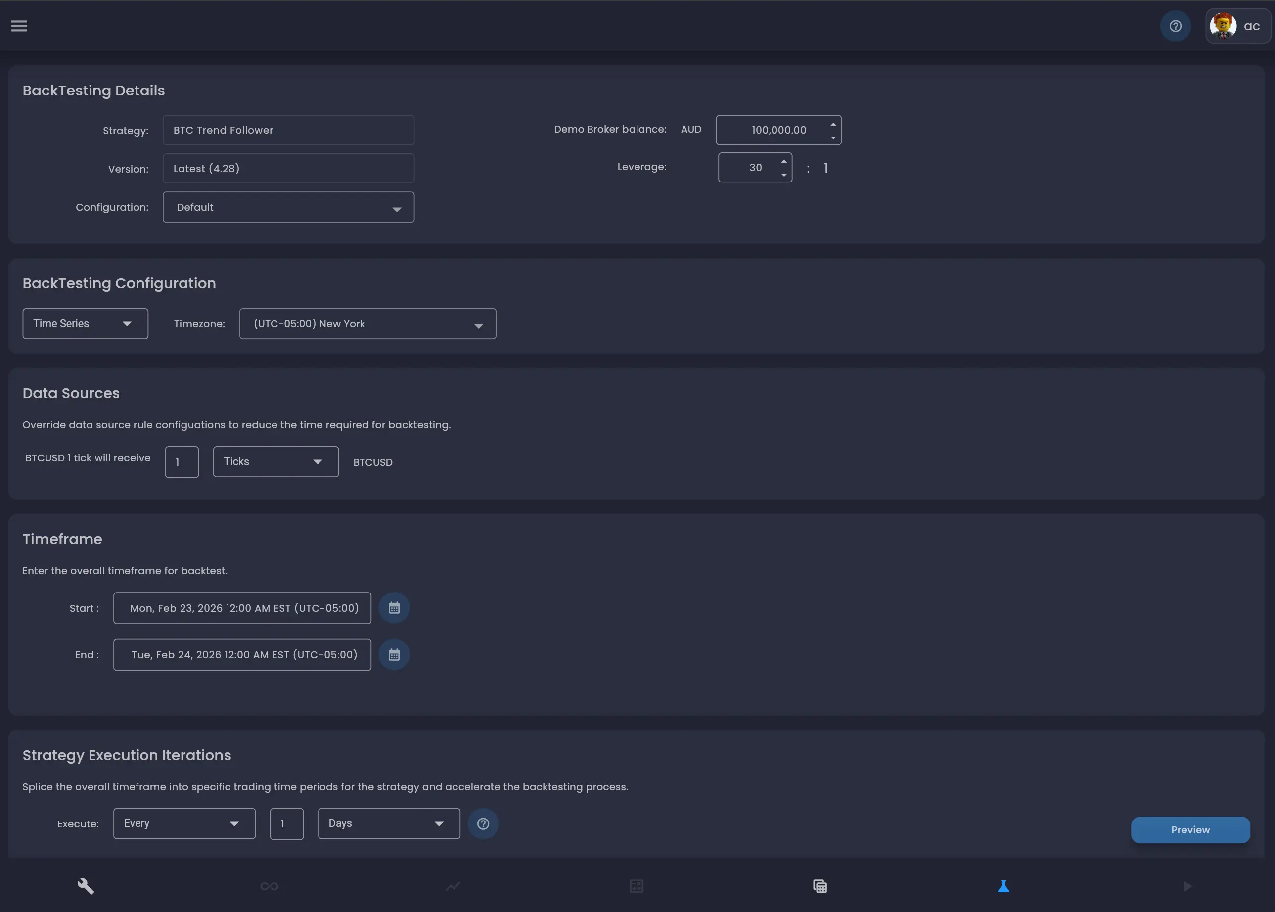 BackTesting configuration page showing Details, Configuration, Data Sources, Timeframe and Execution Iterations sections