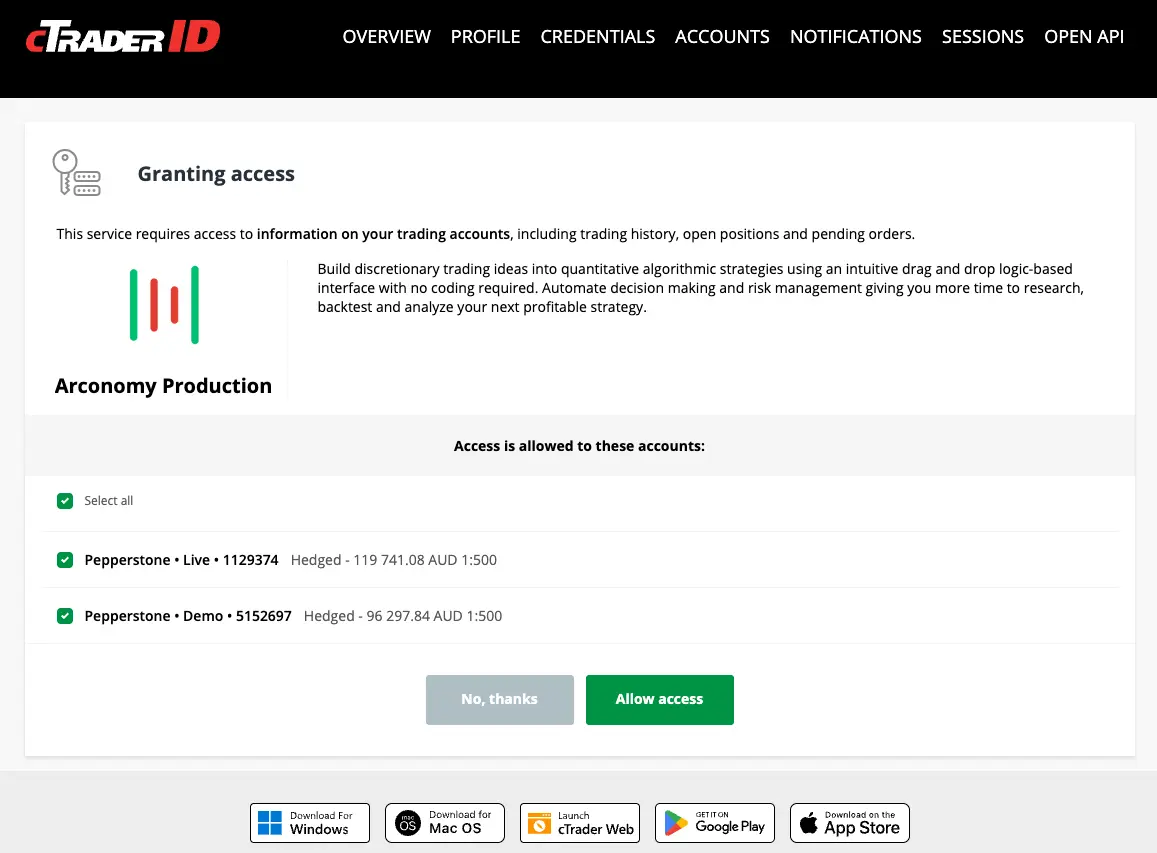 cTrader ID authorisation page where you grant Arconomy access to your broker account