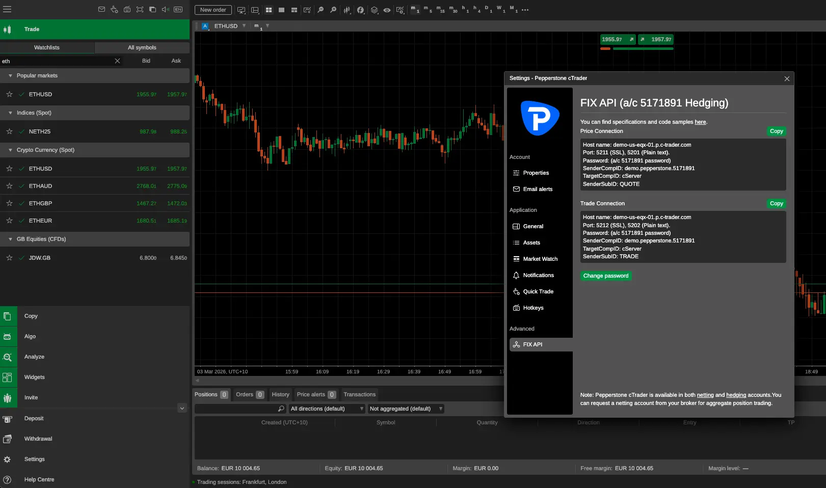 cTrader web application FIX API settings page showing the Price and Trade connection configurations