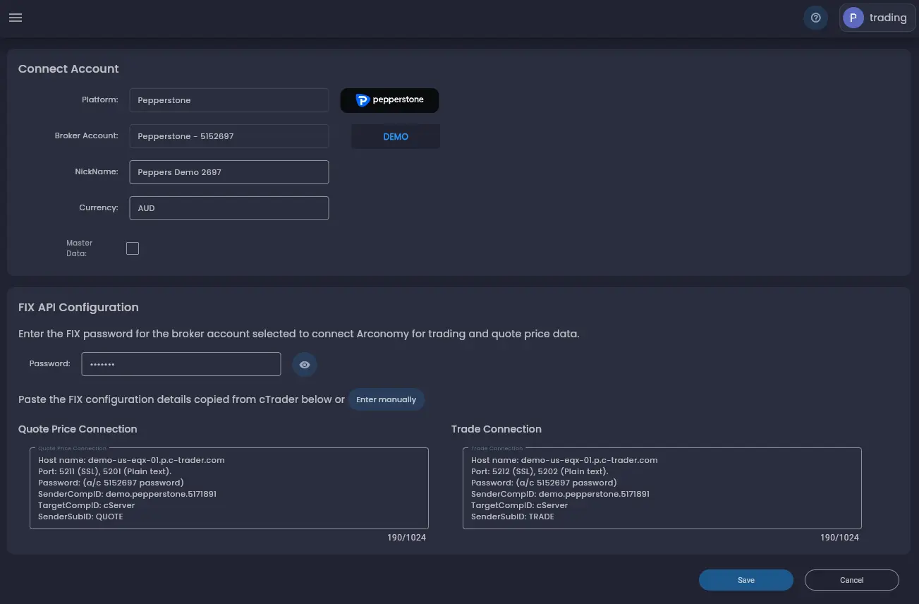 Arconomy account credentials screen with fields for Price and Trade connection configurations and the FIX API password