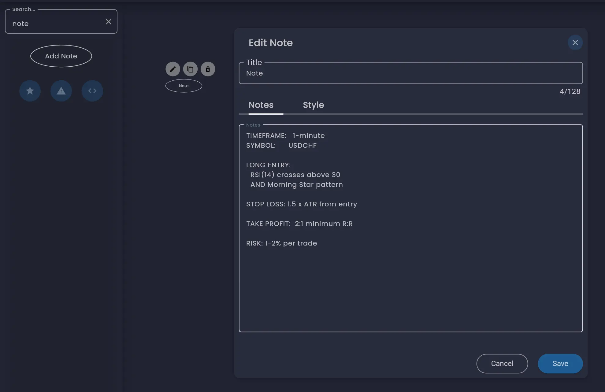 Strategy Note field in the Strategy Builder dialog