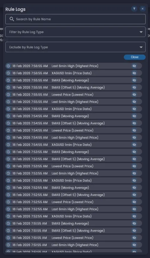 Rule Logs dialog showing a chronological list of rule executions with filter options