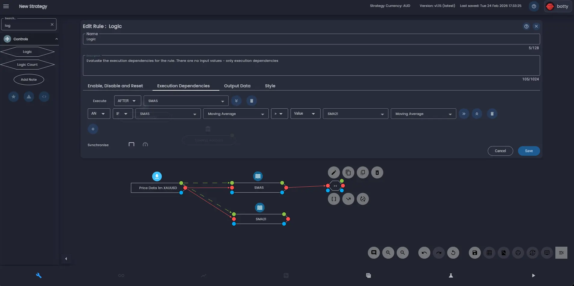 Execution Dependencies tab showing an After statement with an If condition comparing SMA values