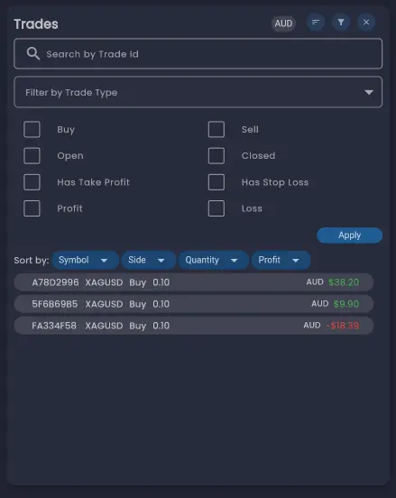 Trade list dialog showing trades with filter and sort options