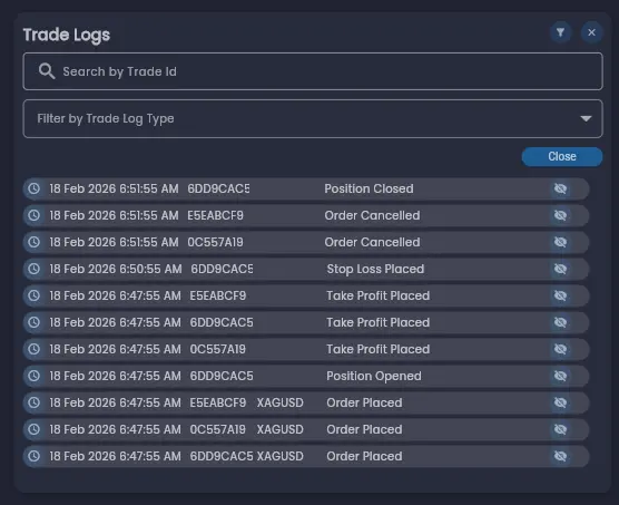Trade Logs dialog showing trading activity with filter options and clickable timestamps